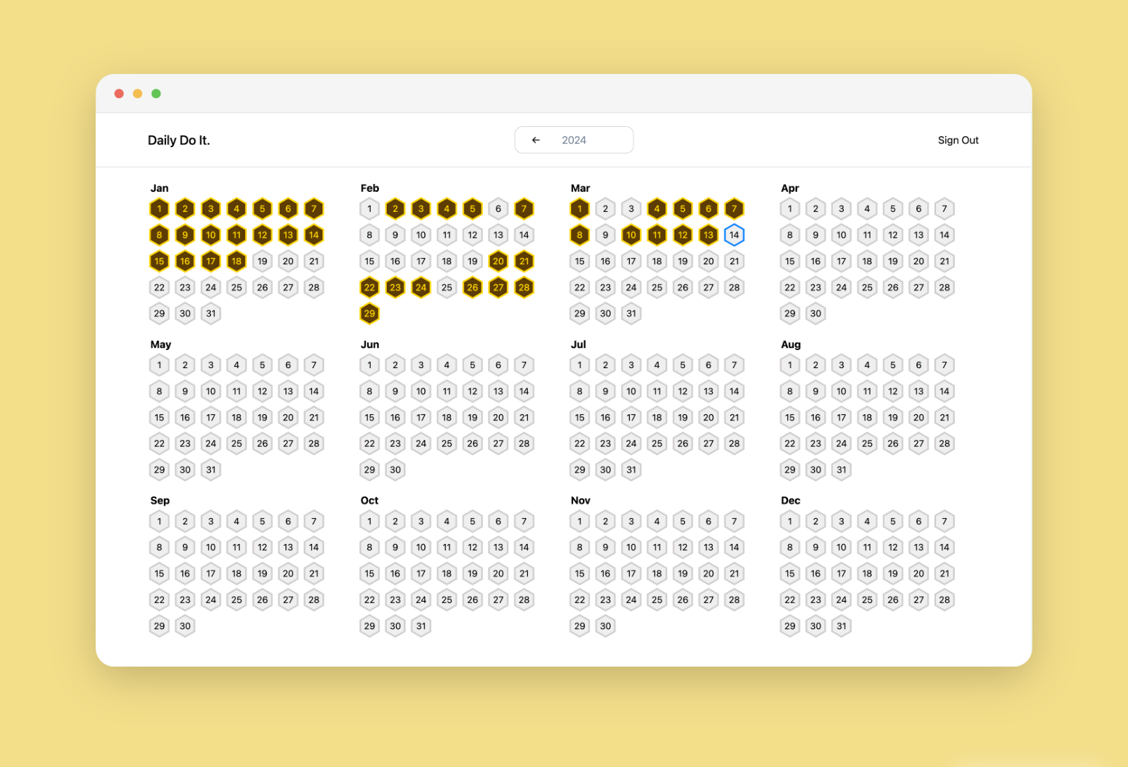 A UI Screenshot of the Daily Do It application, features a calendar like view where each day is represented as a button, when clicked it signifies a habit completed